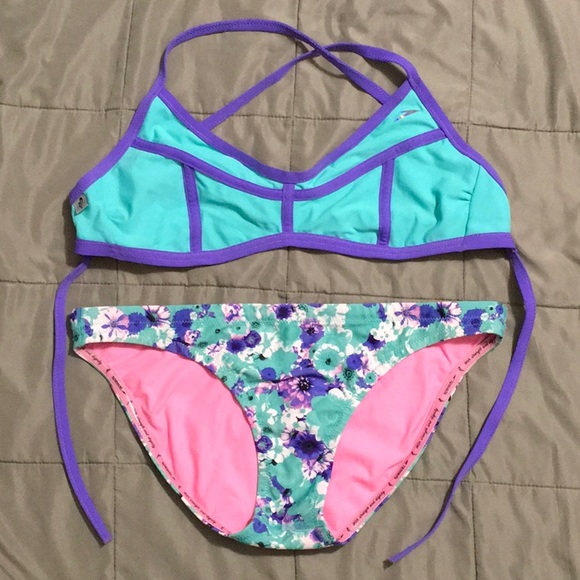 Speedo Missy Franklin Bikini Set, Purple/Aqua/Pink/White Floral Print, Large - Picture 1 of 4